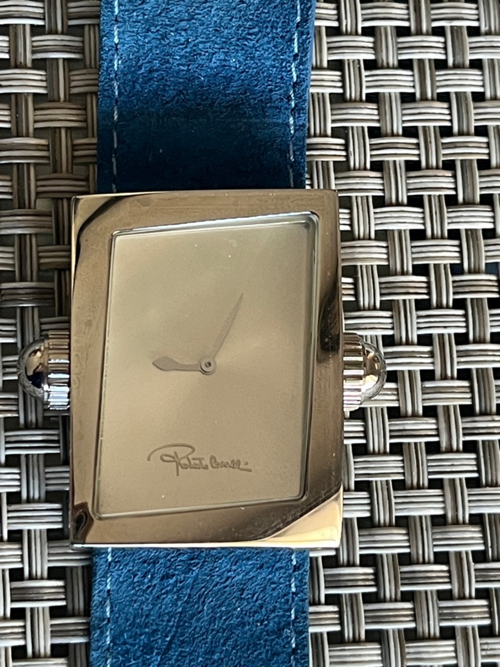 Roberto Cavalli Silver Square Watch with Blue Strap